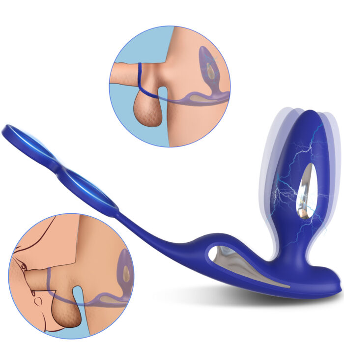 A blue vibrating prostate massager with illustrations showing its usage and positioning for stimulating the prostate and perineum. The main image shows the device, while smaller circular insets demonstrate anatomical placement and vibrating effects.