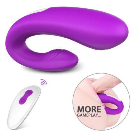 The image shows a purple, C-shaped personal massager with a white remote control featuring a single button. There is an inset with a  close-up of a person holding the device, positioned against their body. The text "MORE GAMEPLAY..." is displayed on the inset.