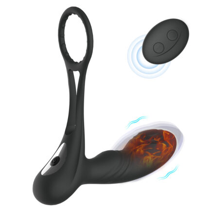 An image of the Double Ring Heating, Remote Control Vibration Prostate 10 Frequency Anal Male Massager adult product showcases a black wearable toy featuring a curved insertable component with a heated tip and a textured ring. It includes a compact black remote control with buttons, likely for adjusting settings wirelessly. The device appears to be vibrating.