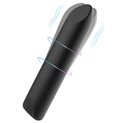 This image features a black vibrating massage wand. The wand has a sleek and smooth design. The image depicts its vibration function with surrounding vibration waves, indicating that it can generate intense vibrating sensations during use.