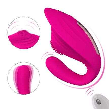 The Realistic Wearable Dildo G-Spot Stimulator Lifelike One-Piece Penis Silicone Pants Vagina Massager, a flesh-colored device, features a curved design with textured dots and a smooth insertable end. The image showcases various vibration patterns and motion capabilities of the stimulator, with its remote control visible in the bottom right corner.