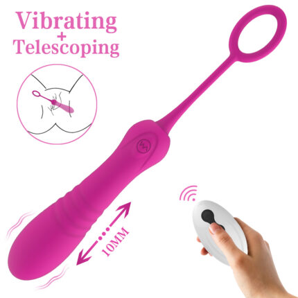 A pink vibrating and telescoping sex toy, illustrated with a diagram demonstrating its usage. It includes a stretchable 10mm extension and is operated by a handheld white wireless remote control. A "Vibrating + Telescoping" label is displayed at the top. This product is known as the Wireless Remote Control Retractable Jumping Egg, featuring 8 frequencies of vibration and 8 frequencies of retraction for female masturbation.