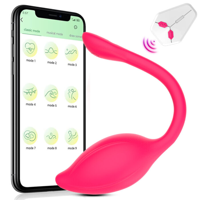 The Fully Wrapped Mango 9 Frequency App Remote Wireless Remote Control Jumping Egg Female Masturbator is displayed in pink with a flexible tail in front of a smartphone. The smartphone screen showcases an app interface featuring various modes like "Classic Mode" and "Musical Mode." In the top-right corner, a small remote control is visible.