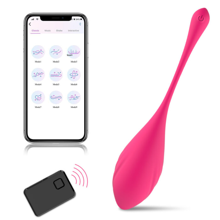 A pink, elongated wearable device, equipped with a small control button on the top right, is displayed next to a smartphone showcasing an app with various vibration settings. Accompanying it is a black remote control featuring a pink signal icon. This setup highlights the "New product all-in-one rubber app intelligent wireless remote control jumping egg female masturbator sex toy.