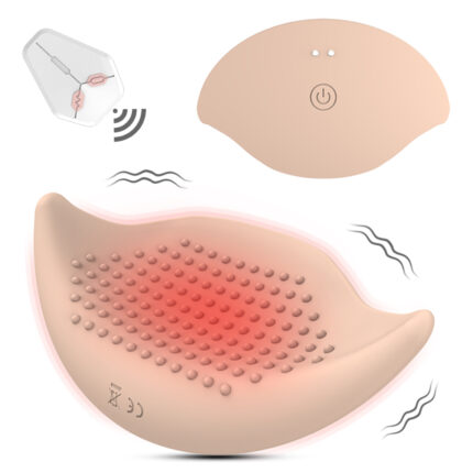 A curved, beige Chest Massager with textured nodes on the surface, designed to fit around the chest. The device features a power button and indicates vibration and heat functionality with visual cues. A remote control with wireless symbol is also shown, enabling easy operation of this Electric Remote Control Breast Clearance Silicone Massager, ideal for female breast enlargement and teasing.