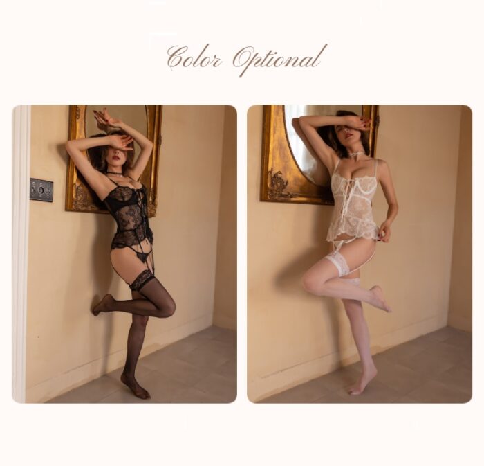 Two images side-by-side showcase a model in the "Sexy lingerie for women transparent steel support gathered suspenders lace backless see-through sexy nightdress temptation suit." The left image highlights the black lace version paired with thigh-high stockings, while the right image displays the white lace version with thigh-high stockings. In both images, the model adopts a similar pose, standing on one leg. Text above reads "Color Optional.