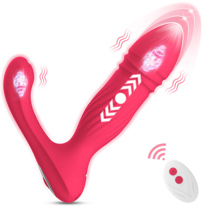 The "Realistic Wearable Dildo G-Spot Stimulator" is a pink, dual-ended vibrator with LED lights and vibration markings. Its curved design features textured detailing on the main shaft and a shorter secondary arm. Accompanying the vibrator is a small white remote control adorned with a power button symbol and a wireless signal icon, ensuring easy operation.