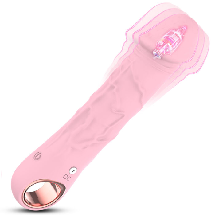 A pink, elongated, wrinkled silicone Vibrating Penis Sleeve with a bulbous end and embedded with a smaller transparent massaging component. It features a looped handle at the base with a power button and DC input port. The device appears to offer vibration or oscillation modes.