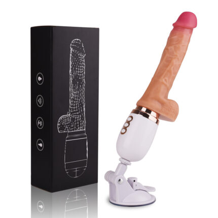 A flesh-colored Realistic Dildo, Silicone Huge Penis, featuring a phallic shape with a strong suction base and control buttons, is pictured alongside a black box showcasing an outline of the product. The dildo boasts a realistic texture and has a pink tip.