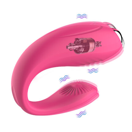 A small portable U-shaped Yuna vibrator, available in pink, features a visible motor on the upper part and produces 10 frequency vibrations as indicated by blue vibration lines, making it ideal for personal use.