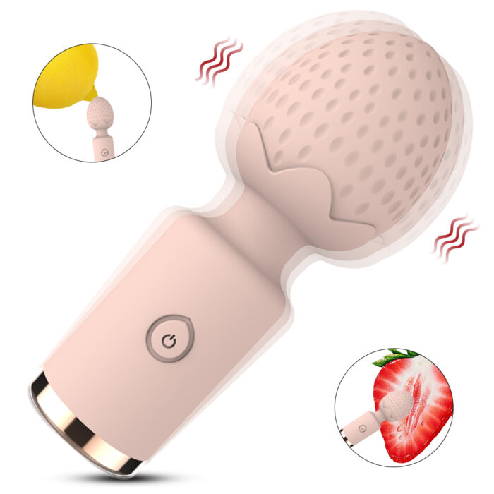 This is a light pink adult toy with a modern and multifunctional design. The top of the toy is spherical with soft raised patterns, designed specifically for external stimulation, providing strong vibration effects. The main body is equipped with a power button for turning on and adjusting different vibration modes and intensities. The illustration shows the scenario of the toy in use, including vibration stimulation of different parts, highlighting its versatility and powerful performance. The overall design conforms to ergonomics, is easy to grip, and aims to provide an enhanced sexual pleasure experience through its unique external vibration function.