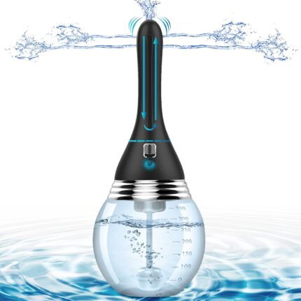 An Electric Water Spray Vibration Enema Anal Cleaner, colored black and silver, is depicted with water splashing from the top against a white background. The device features a clear water container at its base, with blue arrows illustrating the flow of water through the product.