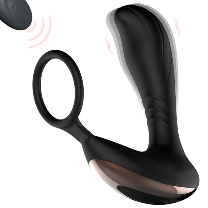 A sleek, modern, black Prostate Massager Anal Vibrator with an L-shaped design features a curved, textured shaft and a ring at one end. This wireless massager has light waves indicating vibration and offers various vibrating modes. It can be remote-controlled and is waterproof, making it suitable for men, women, and couples.