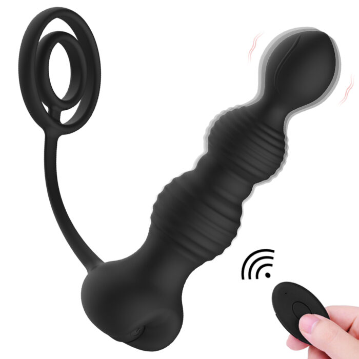 Introducing the Male and Female Masturbation Anal Plug, a sleek black silicone vibrating toy designed for an enhanced experience. Featuring a ribbed and contoured design with two functional rings, it comes equipped with a wireless remote control that you can conveniently hold in your hand. Enjoy 10 frequency vibration settings for unparalleled pleasure.