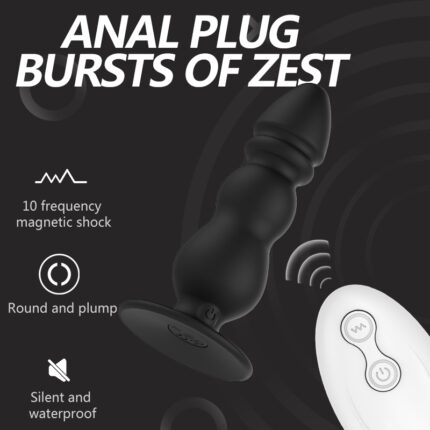 A promotional image for the Wireless Remote Control Butt Plug Anal Plug Vibrator. The text "Anal Plug Bursts of Zest" is at the top. It features a black, round, and plump anal plug with 10 frequency magnetic shock settings, including a remote control. The text mentions it is silent and waterproof.