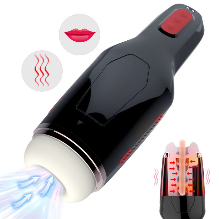 The Automatic Male Masturbator Men Sex Toy is a black electronic device featuring a soft white opening, red buttons, and an indicator light. The device includes icons of lips, wavy lines, and airflow, indicative of its suction or air pressure capabilities. An inset graphic displays directional airflow around a pink object.