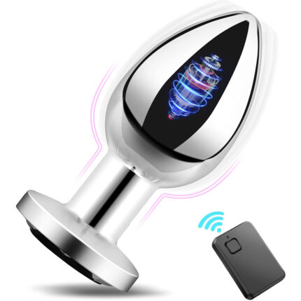 A silver, teardrop-shaped vibrating butt plug with a clear section unveiling an internal illuminated spiral design is positioned next to a black, rectangular remote control featuring a blue wave icon. This device is called the Remote Control Metal Butt Plug, which features magnetic charging and is designed for both male and female masturbation.