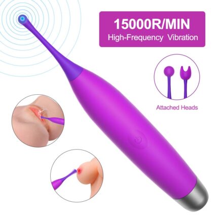 This is a purple adult toy with a slender and multifunctional design. One end of the toy features a small ball-shaped high-frequency vibrating head, with a rotation speed of up to 15000 RPM, specifically designed for precise localized stimulation, suitable for the clitoris and nipples. The toy comes with two interchangeable attachments: one with soft bristles and another with a forked U-shape, catering to different stimulation needs. The main body is easy to grip and has a control button for turning on and adjusting various vibration modes and intensities. The inset images show the toy being used on the clitoris and nipples, highlighting its high-frequency vibration effects. The overall design is ergonomic, aimed at enhancing sexual pleasure through its multiple stimulation functions.