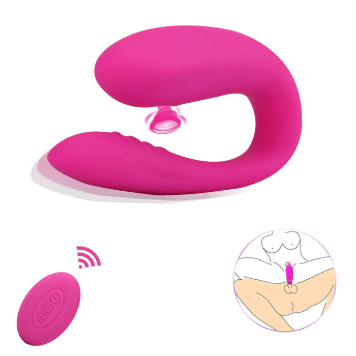 This is a pink adult toy with a modern and multifunctional design. The main body of the toy is C-shaped, with one end featuring a suction mouth specifically designed for clitoral and nipple stimulation, providing strong suction effects. The other end has a vibration function for internal stimulation. The toy comes with a wireless remote control for easy adjustment of various vibration and suction modes and intensities. An inset image shows the toy being used on the clitoris, highlighting its versatility and powerful performance. The overall design is ergonomic and easy to hold, aimed at enhancing sexual pleasure through its multiple stimulation functions.