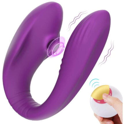 This is a purple adult toy with a modern and multifunctional design. The main body of the toy is C-shaped, with one end featuring a suction mouth specifically designed for clitoral and nipple stimulation, providing strong suction effects. The other end has a vibration function for internal stimulation. The toy comes with a wireless remote control for easy adjustment of various vibration and suction modes and intensities. The image also shows the remote control and the vibration effect, highlighting its versatility and powerful performance. The overall design is ergonomic and easy to hold, aimed at enhancing sexual pleasure through its multiple stimulation functions.