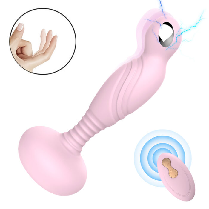 The Wireless Remote Control Electric Shock Anal Plug combines ergonomic design and high-quality materials: a pink, silicone personal massager with a flexible structure. It features a rounded base and conveniently placed control buttons near the top. The package includes a wireless remote control with two buttons for ease of use. Inset images display its soft texture and electric stimulation capabilities, ensuring an enhanced experience of anal vibration and stimulation massage.