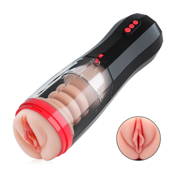 The Adult Toys Automatic Male Masturbator features a black and red exterior with a realistic, skin-toned vaginal opening. It has visible internal mechanisms through a transparent section, and control buttons are conveniently located on the black handle. The inset provides a close-up view of the vaginal opening.