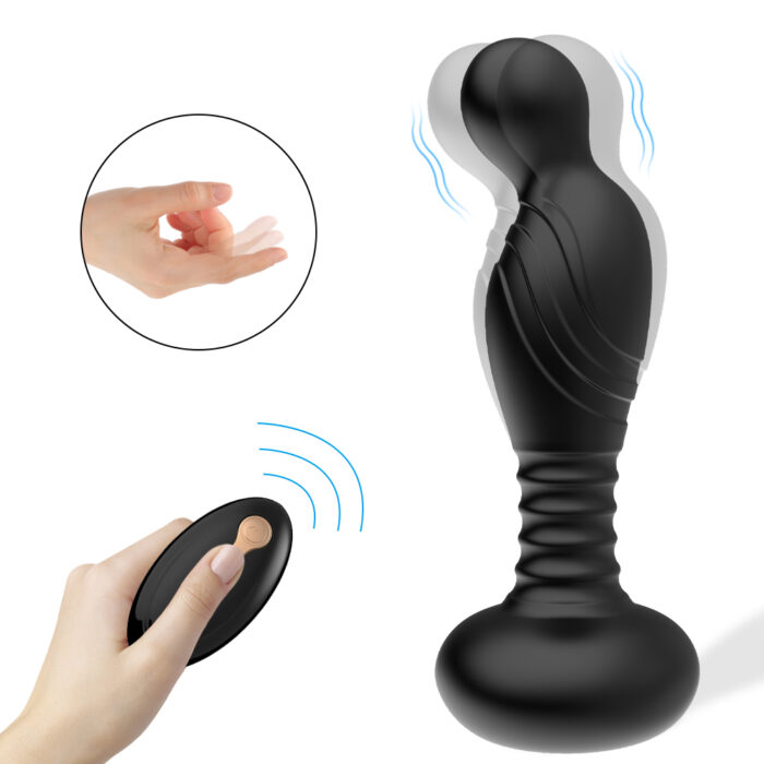 A Wireless Remote Control Butt Plug Anal Plug Vibrator, featuring a black vibrating massage device with a curved body and textured handle. The image shows the device in motion, accompanied by an inset of a hand holding the wireless remote control with a button. Blue lines illustrate vibration and remote control signals.