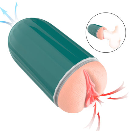 Digital illustration of the Automatic Male Masturbator, featuring a teal capsule with red and blue arrows indicating airflow emerging from a pink, flesh-like section. An inset shows a closer view of the same capsule’s interior, highlighting pathways for airflow.