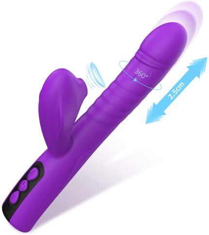 This is a purple adult toy with a modern and multifunctional design. The toy features a long shaft with a raised tip that can rotate 360 degrees, specifically designed for internal stimulation. The middle part has a flexible protrusion with a suction function for clitoral external stimulation, providing strong suction effects. The base has control buttons for easy adjustment of various vibration, rotation, and suction modes and intensities. The toy can extend up to 2.5 cm for deeper penetration. The overall design is ergonomic, making it easy to grip and maneuver, aimed at enhancing sexual pleasure through its multiple stimulation functions.