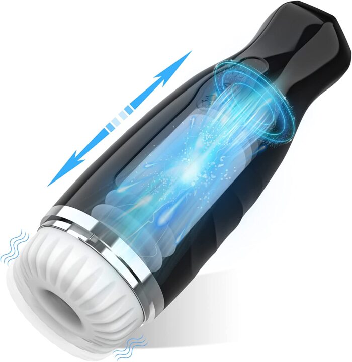 Product Description: The Automatic Male Masturbator is a black and silver cylindrical device featuring a white, textured opening on one end. It showcases internal blue light graphics with pistons in motion. Arrows denote movement, while iconography near the base suggests vibrations. This adult toy offers thrusting and rotating modes for hands-free use, incorporating suction at the base as an electric penis pump.