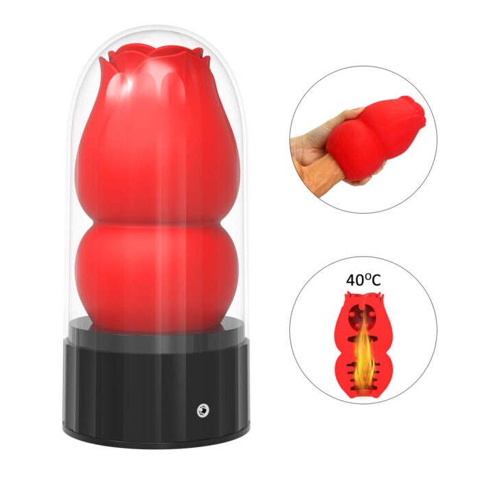 A red, flower-shaped silicone component inside a transparent plastic dome with a black base, resembling a rose. Two smaller circular insets on the right display a hand holding the Automatic Male Masturbator and feature its heat capability, indicating it can reach 40°C.