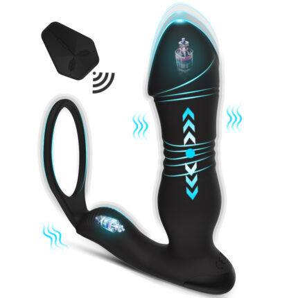 The Anal King 3rd Generation Telescopic Remote Control Butt Plug is shown, featuring a black prostate massager with distinct blue accents on the shaft and base to indicate vibration functions. This device includes a contoured shaft, perineum stimulator, and an attached semen locking ring, all meticulously designed for men's pleasure.