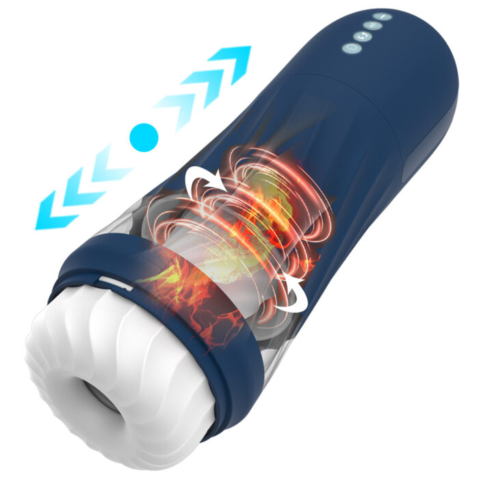 The Adult Toys Automatic Male Masturbator Sex Toys-Pocket Pussy Penis Pump features a sleek blue exterior with a transparent section that reveals its internal rotating and heating components. The white entrance is textured for added sensation, and above it, a blue dotted arrow indicates the direction of rotation.