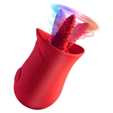 This is a red adult toy with a compact and multifunctional design. One end of the toy features a tongue-like structure with protrusions, specifically designed for clitoral and nipple licking stimulation, providing strong vibration and licking effects. The main body is cylindrical, making it easy to grip and maneuver. The base has a power button for turning on and adjusting various vibration modes and intensities. The image shows the rotating and vibrating effects of the tongue-like structure, highlighting its powerful vibration capabilities. The overall design is stylish and comfortable, aimed at enhancing sexual pleasure through its unique licking and vibration functions.