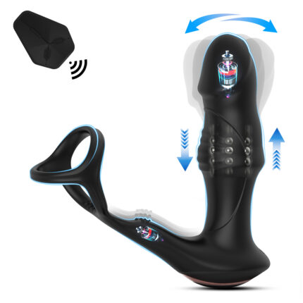 The 9 Frequency Vibration Peristalsis Prostate 2nd Generation Remote Control Anal Plug is a black prostate massager equipped with a perineum stimulator and penis ring. It features multiple textures and vibrations, as illustrated by its functionalities, including movement and internal motors. A wireless remote control is shown nearby for convenient operation.