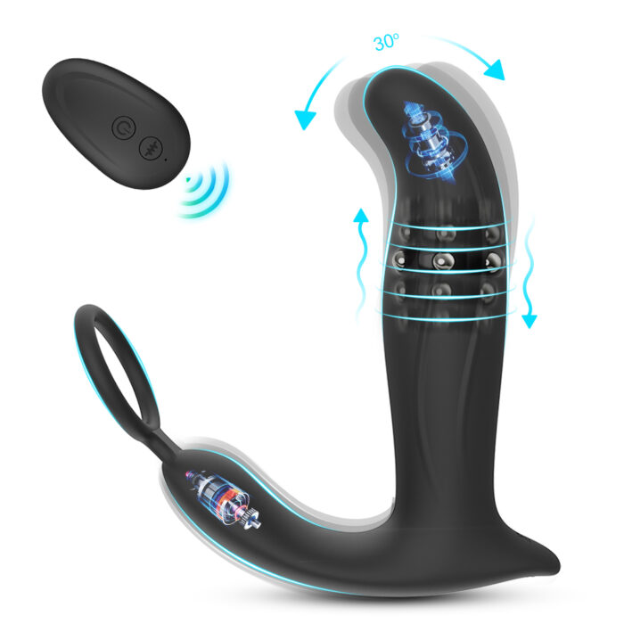 The Sparta 10-frequency peristaltic prostate wireless remote control anal plug vibrator, featuring a black color, showcases its vibration and rotation capabilities through an illustrative overlay. This ergonomically designed massager includes a bulbous tip and a perineum stimulator equipped with vibration motors.