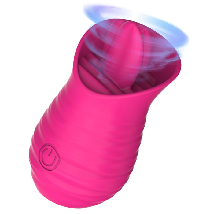 This is a pink adult toy with a compact and multifunctional design. One end of the toy features a vibrating head with an internal tongue-like structure, specifically designed for clitoral and nipple licking stimulation, providing strong vibration and licking effects. The main body has circular ridges on the surface, enhancing grip comfort and preventing slipping. The base has a power button for turning on and adjusting various vibration modes and intensities. The image shows the vibrating effect, highlighting its powerful vibration capabilities. The overall design is stylish and comfortable, aimed at enhancing sexual pleasure through its unique licking and vibration functions.