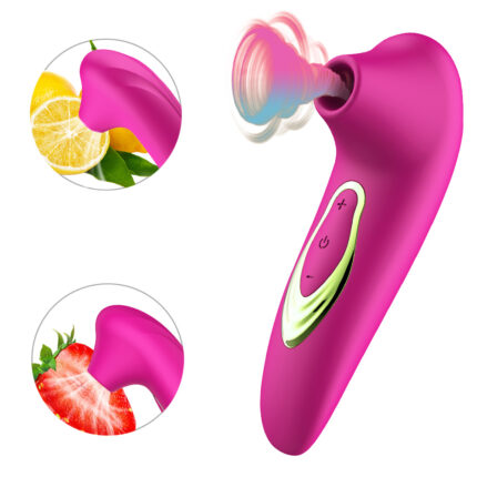 This is a pink adult toy with a modern design and multiple features. One end of the toy has a suction mouth specifically designed for clitoral and nipple stimulation, providing strong suction effects. The main body is ergonomically designed for easy grip and maneuverability. The control buttons in the middle allow for adjusting various suction modes and intensities. Inset images show the toy's versatile applications, highlighting its multifunctionality and powerful performance. The overall design is stylish and comfortable, aimed at enhancing sexual pleasure through its unique suction function.