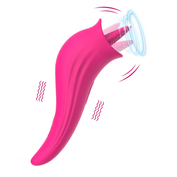 This is a pink adult toy with a modern design and multiple features. One end of the toy has an internal tongue-like structure, specifically designed for clitoral and nipple licking stimulation, providing strong vibration effects. The main body is curved for easy grip and maneuverability. Vibrating lines are depicted around the toy, highlighting its powerful vibration capabilities. The overall design is ergonomic, aimed at enhancing sexual pleasure through its multiple stimulation functions.