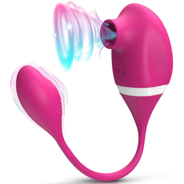 Introducing the Magnetic Charging 10-Frequency Vibration Egg Double-Head Sucking Vibrator. This female silicone masturbator is magenta-colored and features dual ends: one end has a bulbous shape with a small opening that emits light vibrations, while the other end is elongated and textured. The device also includes a flexible connecting handle for ease of use.