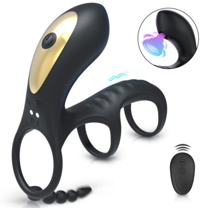 A black silicone vibrating locking ring for male use, featuring finger loops and a gold accent on the vibrator. The design includes textured elements and comes with a wireless remote control. An inset image highlights the vibration feature, promoting its utility for premature ejaculation sensitivity and delayed performance.