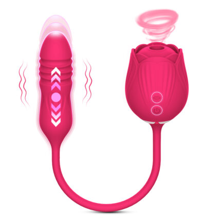 The image features the Rose Flower Telescopic Vibrator, a vibrant pink vibrator shaped like a rose with a long, flexible cord connecting to a ribbed insertable piece. Both parts exhibit motion indications, hinting at vibration and suction functionalities. Control buttons are prominently displayed on the rose-shaped section.