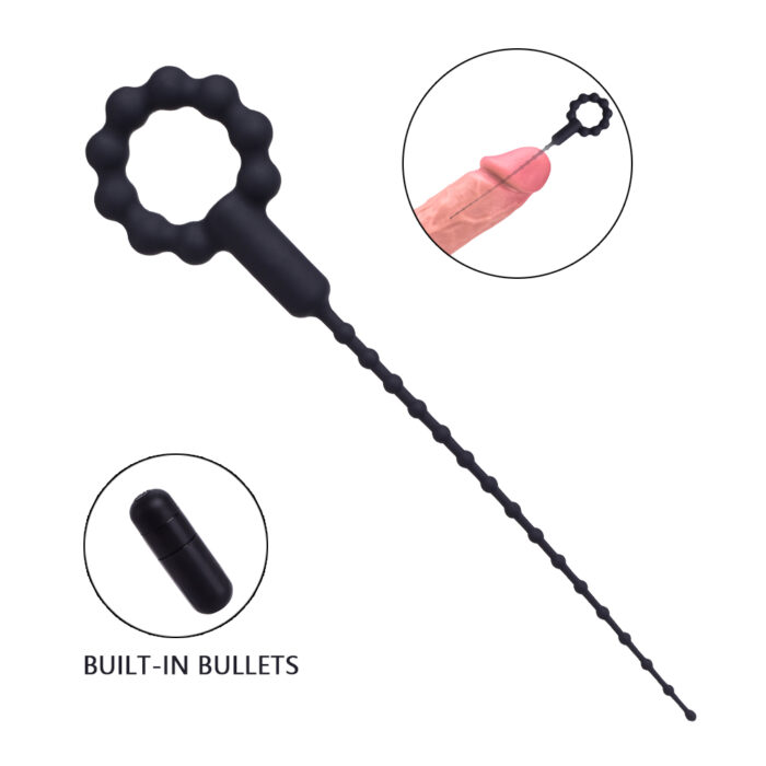 A black, beaded urethral sound with a ring-shaped handle is shown. Inset images display a demonstration of the sound being inserted into a model of a penis, and a separate image of a small, black bullet vibrator labeled "Built-in Bullets," included in the Locking Ring for Male use—an adult product designed to enhance pleasure and aid in premature ejaculation sensitivity.