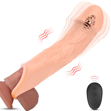 The image shows the "Wireless remote control Wolf Warrior 2 wearable penis set," a realistic, skin-tone vibrating dildo with textured veins and a strap-on extension at the base. Motion lines indicate vibration, and the black remote control features two buttons and wireless signal lines.