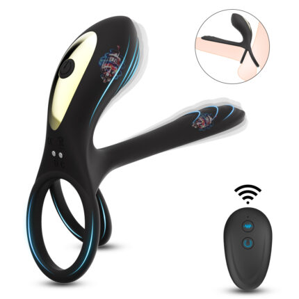 This image features a multifunctional black vibrating ring. The design is unique with two rings and a vibrating section. The top vibrating part can provide intense stimulation, and the image also shows a remote control for added convenience.