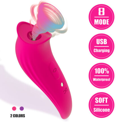 This is a pink adult toy with a modern design and multiple features. One end of the toy has a suction mouth specifically designed for clitoral and nipple stimulation, providing strong suction effects. The toy features 8 modes that can be adjusted using the control buttons in the middle. It is USB rechargeable, fully waterproof, and made from soft silicone material for comfortable use. The image showcases the suction effect and highlights the toy's main features, including multiple modes, USB charging, waterproof capability, and soft silicone material. The overall design is ergonomic and easy to hold, aimed at enhancing sexual pleasure through its multiple stimulation functions.