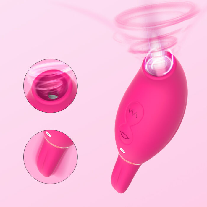 This is a pink adult toy with a modern design and multiple features. One end of the toy has a circular suction mouth specifically designed for clitoral and nipple stimulation, providing strong suction effects. The other end has a small vibrating part for external stimulation of various areas. The control buttons in the middle are used to adjust various suction and vibration modes and intensities. Inset images show the details of the suction mouth and the toy in use, highlighting its versatility and powerful effects. The overall design is ergonomic and easy to hold, aimed at enhancing sexual pleasure through its multiple stimulation functions.