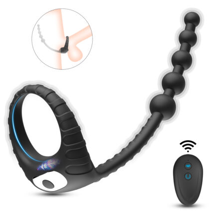 A black prostate massager, also known as the Locking Ring for male use, features a sleek, tapered beaded design and an attached ring for secure placement. It includes a remote control with two buttons to adjust vibration settings, accompanied by a small illustration in the top left showing the product in use. This adult toy offers alternatives for wear and aims to delay premature ejaculation sensitivity.