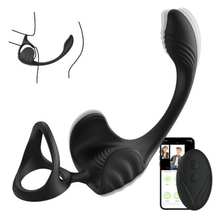 A black locking ring designed for male use with a curved shape that provides dual stimulation. It comes with a remote control and can be synced with a smartphone app, as shown on the phone screen. An illustration demonstrates how the device is positioned when worn.