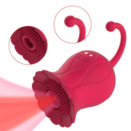 This is a red adult toy with a unique design and multiple features. The main body of the toy is shaped like a flower, with a suction mouth at the top featuring tiny protrusions specifically designed for clitoral and nipple stimulation. One end of the toy has a curved handle for easy grip and maneuverability. Inset images show the details of the suction mouth and the toy in use, highlighting its powerful suction capabilities. The overall design is ergonomic and easy to hold, aimed at enhancing sexual pleasure through its multiple stimulation functions.